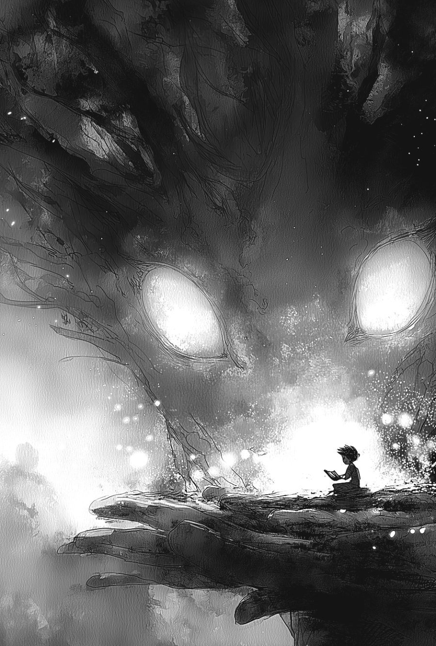 Black-and-white interior illustration from Part Two of Tiktik: A Summer of Three Names, a close-up of the kapre's eyes watching from the trees