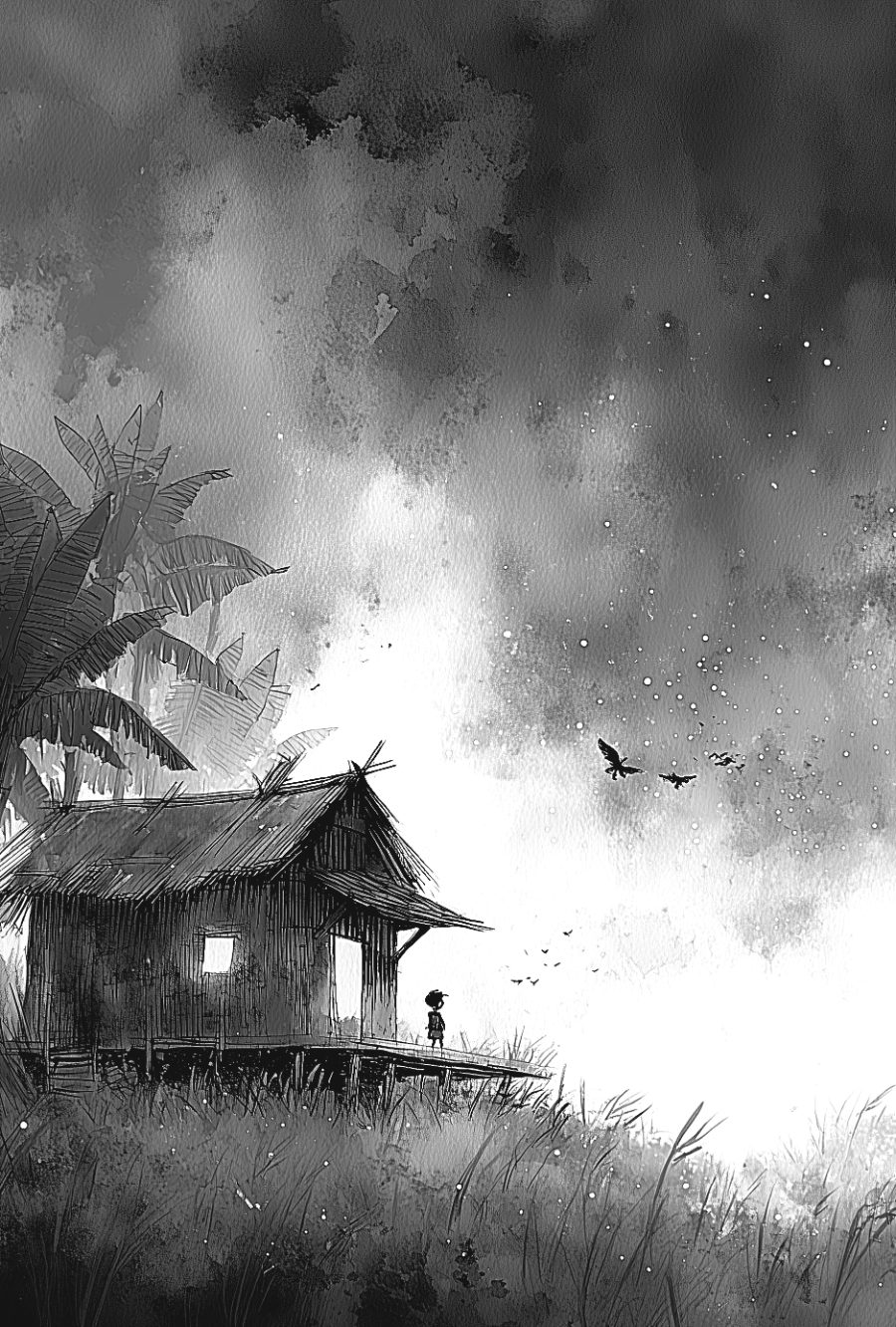 Black-and-white interior illustration from Part Four of Tiktik: A Summer of Three Names, showing a country house in the Philippine provinces