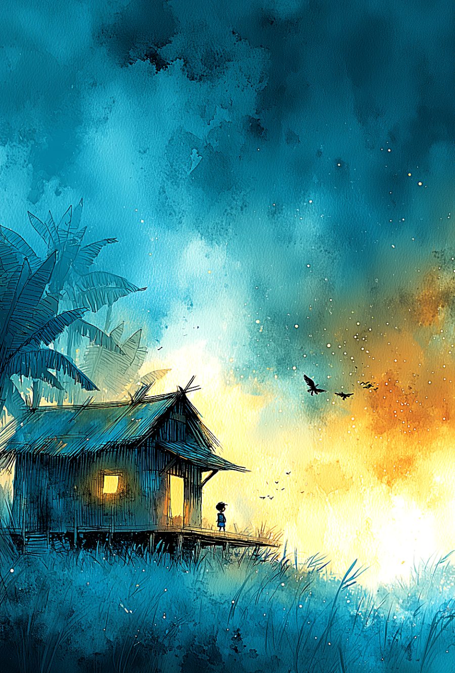 Full-color interior illustration from Part Four of Tiktik: A Summer of Three Names, showing a country house in the Philippine provinces